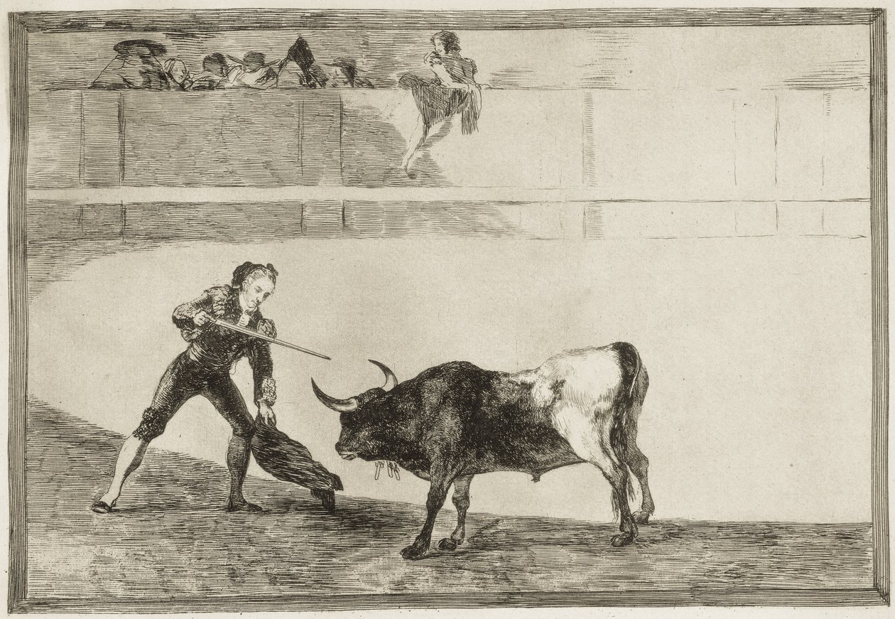 GOYA Y LUCIENTES, Francisco de (1746-1828). Pedro Romero dödar den stoppade tjuren. 1816. (25,1 x 35,9 cm). ROMERO, Pedro (1754-1839). Spansk tjurfäktare. Skylt 30 av "Konsten att tjurfäktning". Etsning. SPANIEN. MADRID (AUTONOMA GEMENSKAPEN). Madrid. Nati av Francisco Jose de Goya y Lucientes
