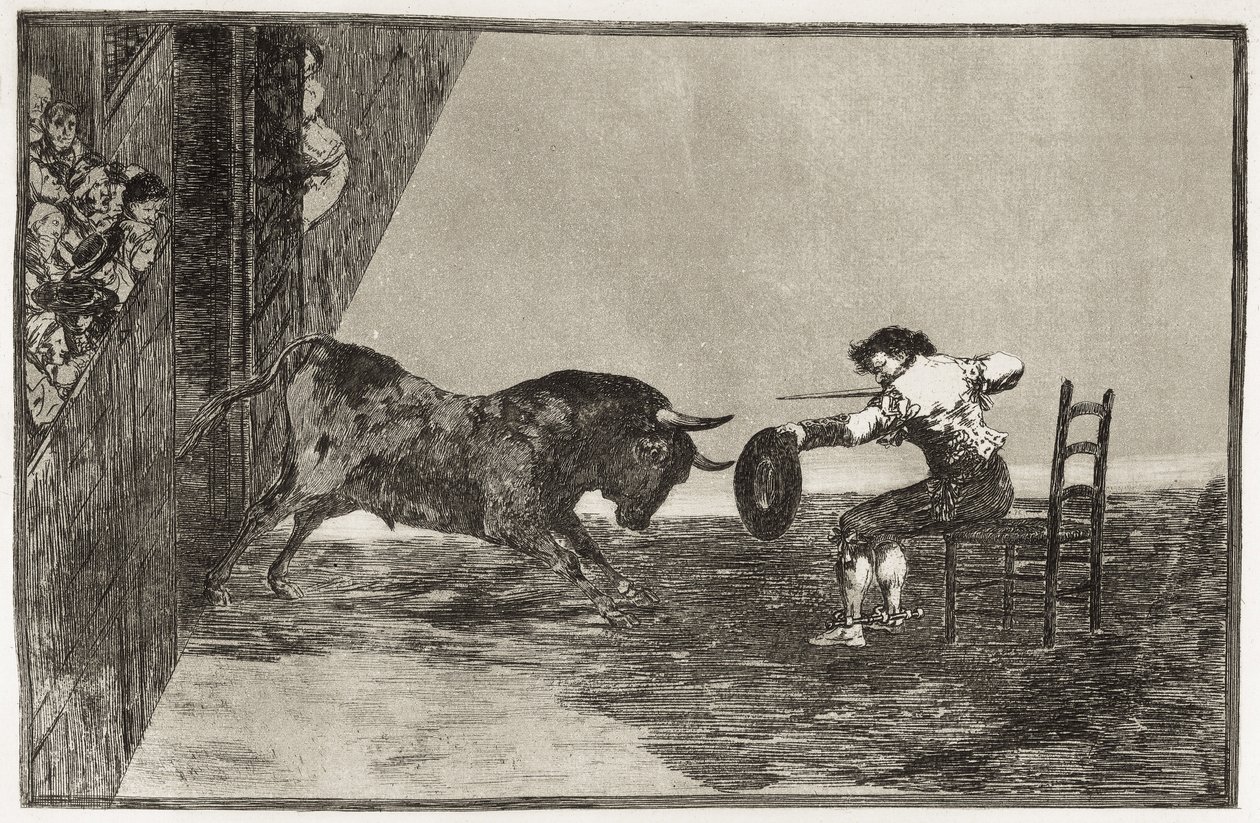 GOYA Y LUCIENTES, Francisco de (1746-1828). Martinchos (troligen Antonio Ebassum) vågade i ringen vid Zaragoza. 1816. (24,9 x 35,7 cm). Platta 18 av "Konsten att tjurfäktning". Etsning. SPANIEN. MADRID (AUTONOMA GEMENSKAPEN). Madrid. Nationalbiblioteket av Francisco Jose de Goya y Lucientes