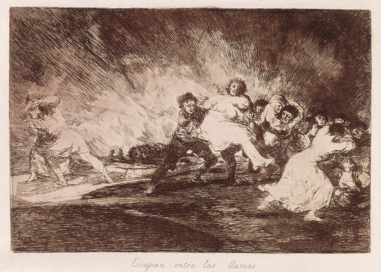 GOYA Y LUCIENTES, Francisco de (1746-1828). De flyr genom lågorna. 1810-1812. (16,1 x 23,3 cm). Platta 47 av "Krigets katastrofer". Etsning. SPANIEN. MADRID (AUTONOMA GEMENSKAPEN). Madrid. Nationalbiblioteket av Francisco Jose de Goya y Lucientes