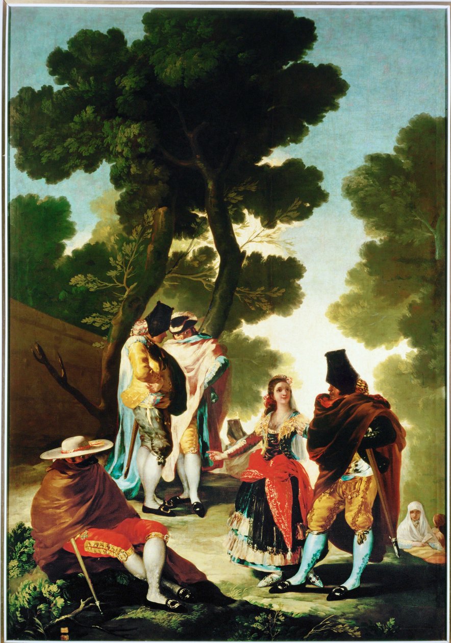 La maja y los Embozados - majan och de mantelklädda männen, tecknad serie för gobeläng 40-06-09/42 ... (målning på duk) av Francisco Jose de Goya y Lucientes