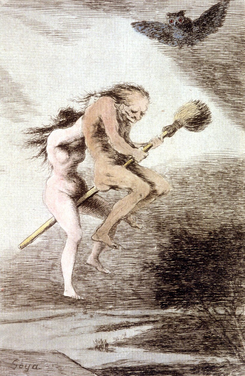 "Linda maestria" häxor på en kvast, ca. 1802 (gravyr) av Francisco Jose de Goya y Lucientes