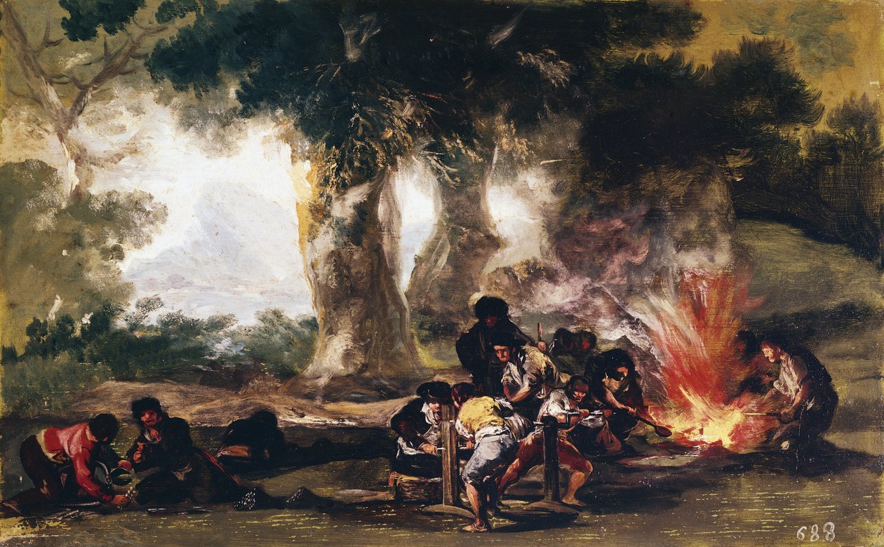 Tillverkning av bollar i Sierra de Tardienda - Olja på duk av Francisco de Goya