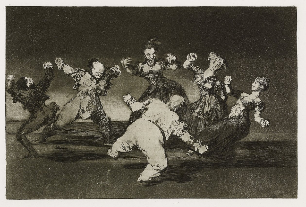 Merry dårskap (Disparate alegre), Platta 12 från "Los Proverbios", c.1819-24 (etsning, akvatint, lavis, lackerare, torrnål & burin på papper) av Francisco de Goya