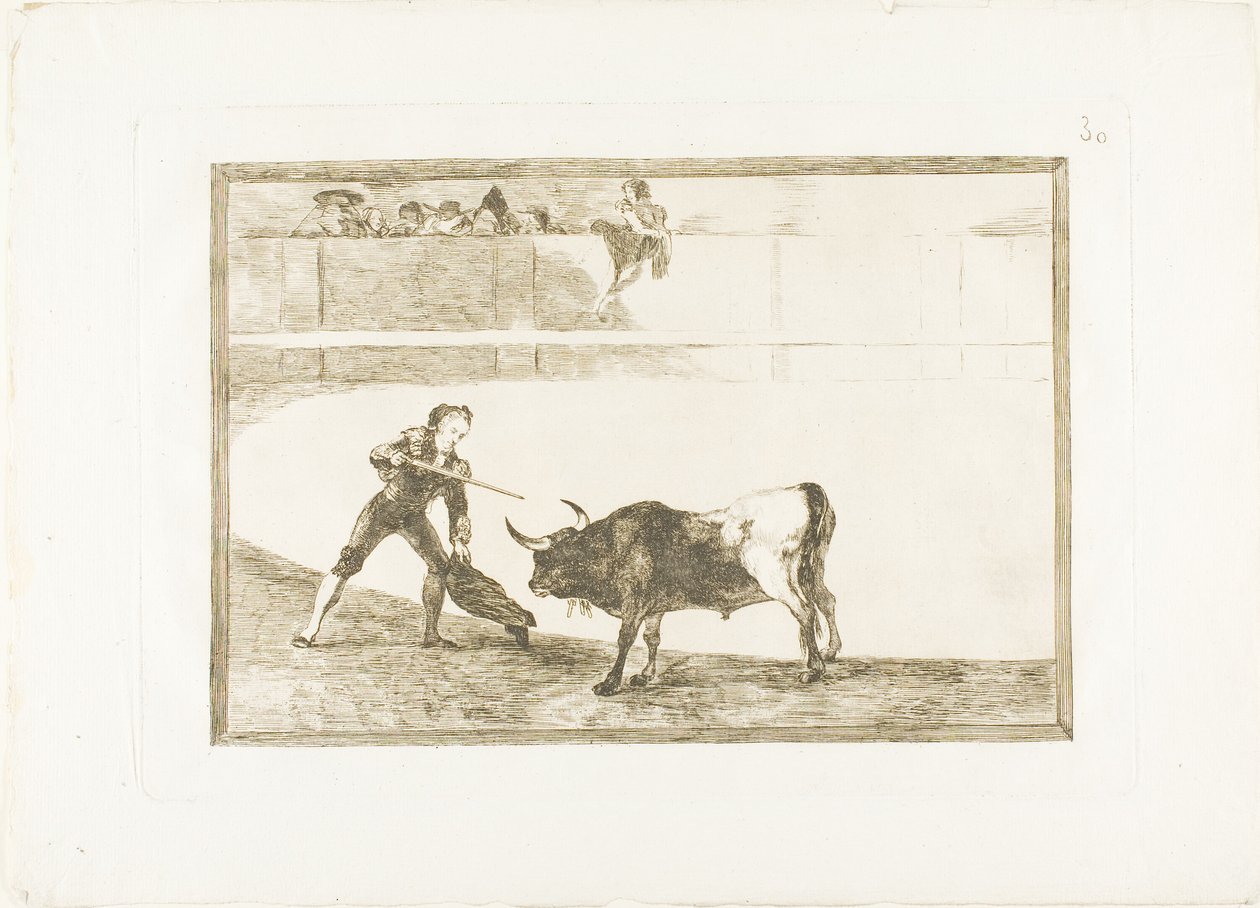 Pedro Romero dödar den stoppade tjuren, skylt 30 från The Art of Bullfighting av Francisco Jose de Goya y Lucientes