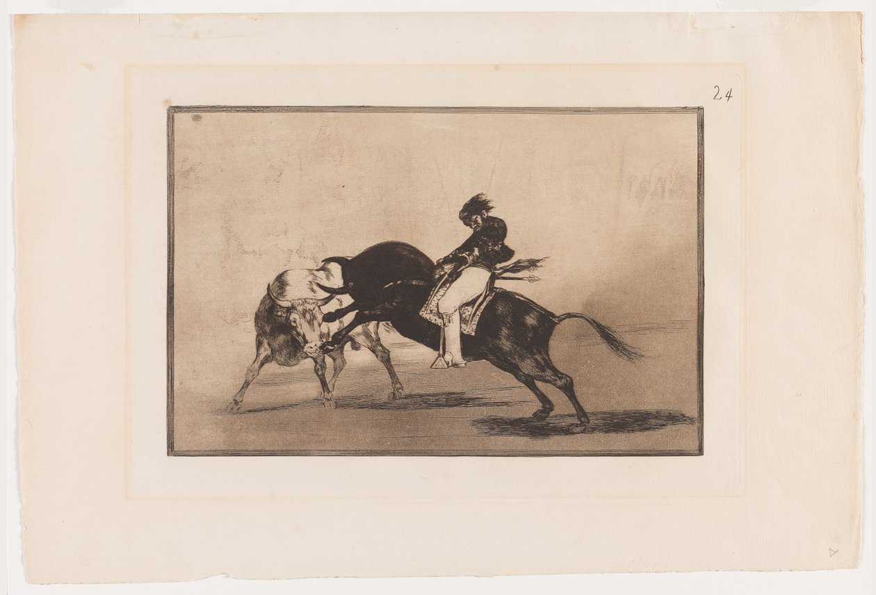 Tallrik 24 från La Tauromaquia: The Same Ceballos monterad på Another Bull Breaks Korta spjut i ringen i Madrid av Francisco Jose de Goya y Lucientes