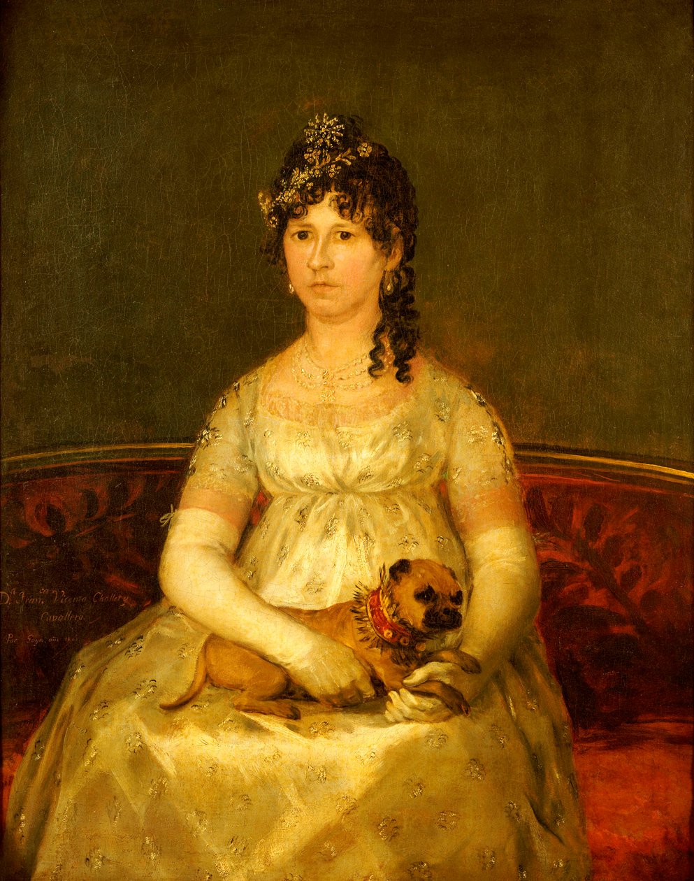 Porträtt av Dona Francisca Vicenta Chollet y Caballero, sittande, trekvartslängd, med en knähund, 1806 av Francisco de Goya