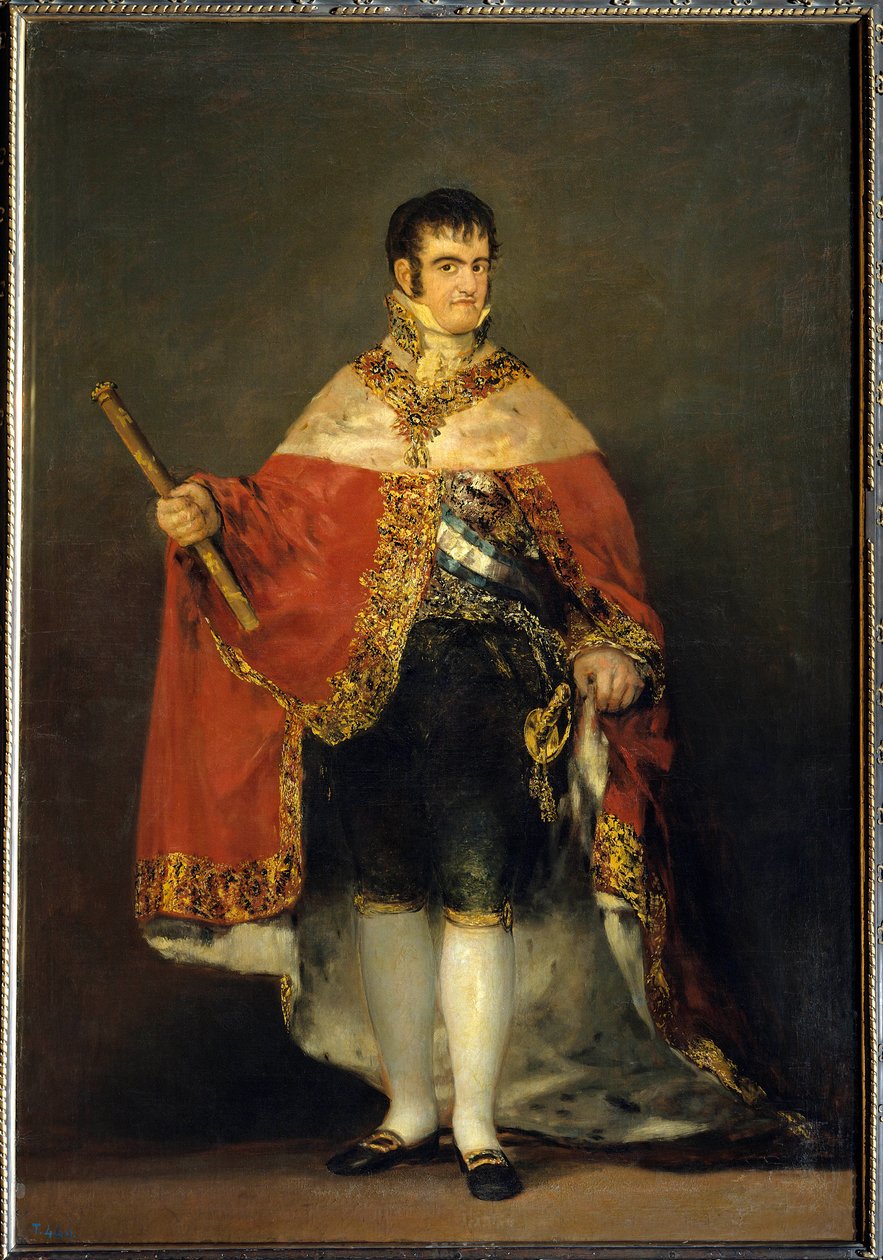 Porträtt av kung Ferdinand VII (1784-1833) i kunglig dräkt. Omkring 1815. Madrid. Musee du Prado - Porträtt av kung Ferdinand VII (1784-1833) med kunglig mantel. Målning av Francisco de Goya och Lucients av Francisco de Goya