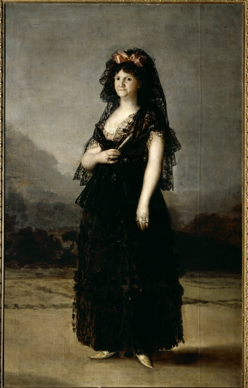 Porträtt av drottning Mary Louise bär en mantill (olja på duk). av Francisco de Goya