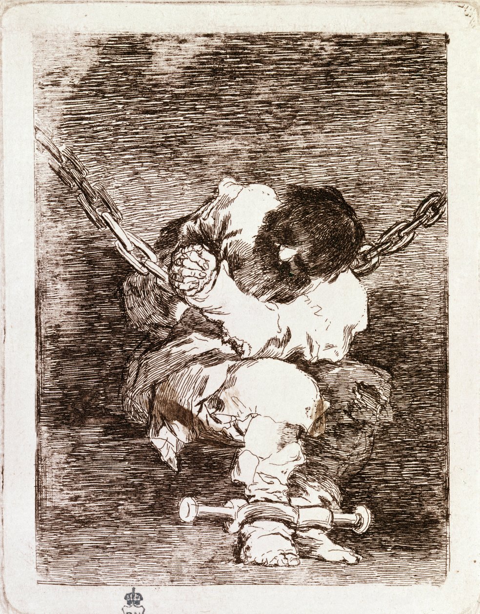 Fångkedjesittning - Säkerheten är lika barbarisk som brottet. (Gravyr av Francisco de Goya