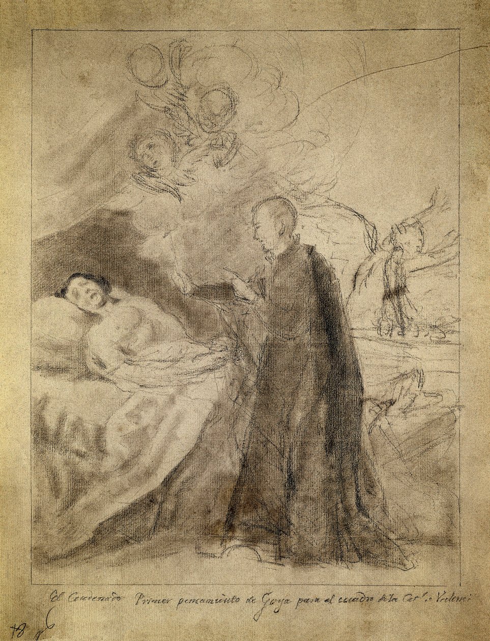 Saint Francois (Francis) Borgia (1510-1578) vid sängen av en döende obotfärdig. Teckning 1788, av Francisco de Goya y Lucientes (1746-1828). Skiss till målningen med samma titel beställd av familjen Ausuna. Pradomuseet, Madrid. av Francisco Jose de Goya y Lucientes