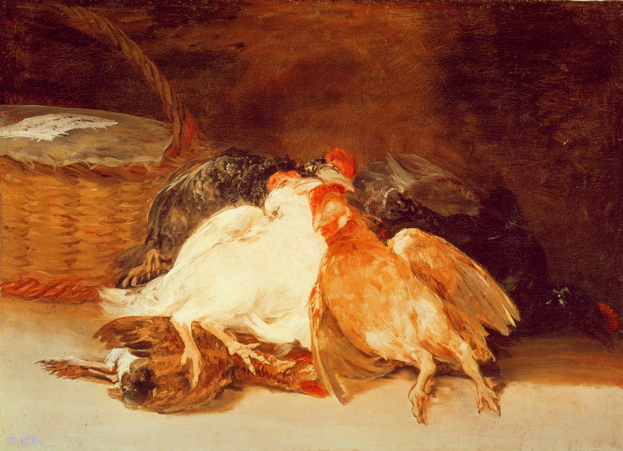 Stilleben med döda kycklingar och en flätad korg (olja på duk) av Francisco de Goya