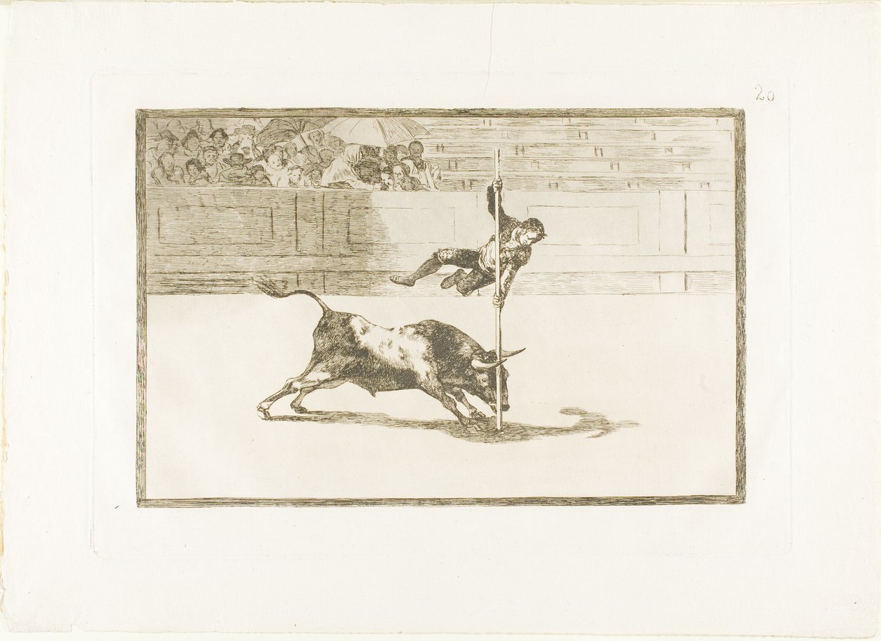 The Agility and Audacity of Juanito Apinani i ringen i Madrid, skylt 20 från The Art of Bullfighting av Francisco Jose de Goya y Lucientes