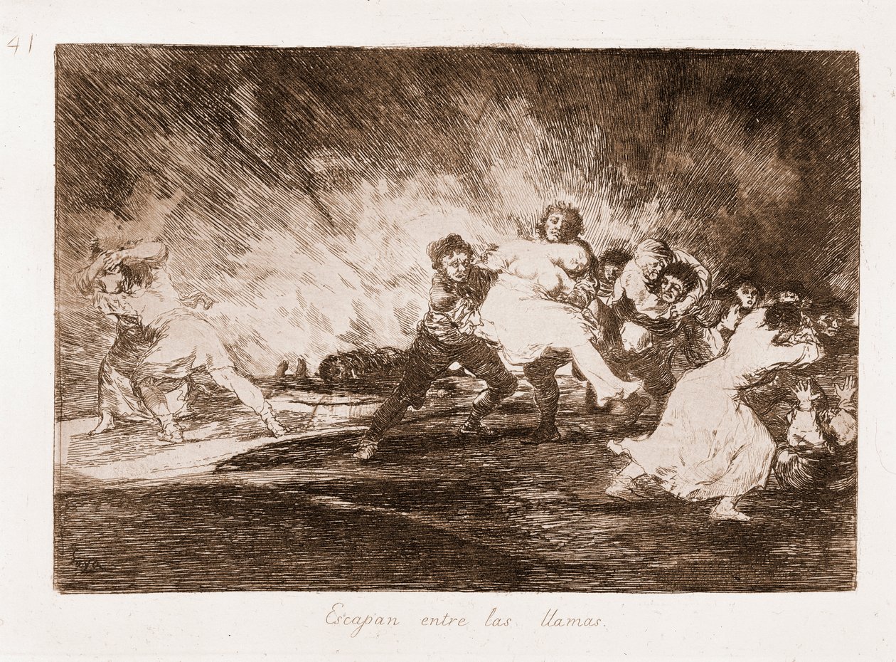 The Disasters of War: De flyr genom lågorna (etsning från ritning av Francisco de Goya