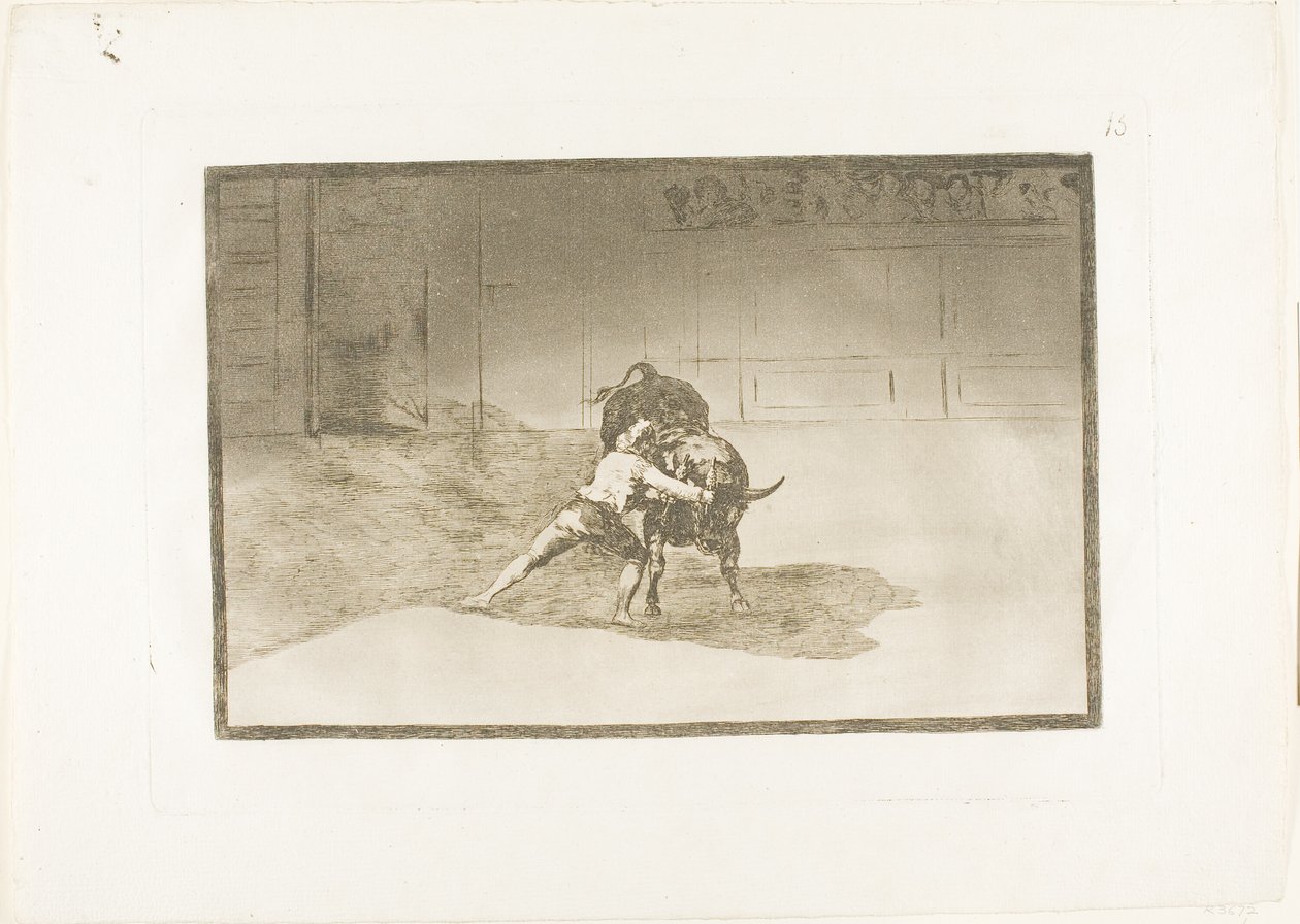 The Famous Martincho Places the Banderillas, Playing the Bull with the Movement of his Body, tallrik 15 från The Art of Bullfighting av Francisco Jose de Goya y Lucientes