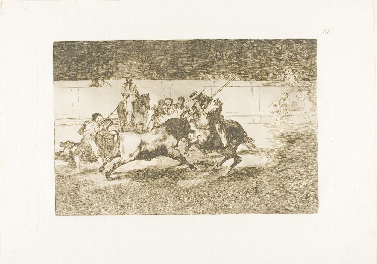 Den kraftfulla Rendón hugger en tjur med pikén, från vilket pass han dog i ringen i Madrid, skylt 28 från The Art of Bullfighting av Francisco Jose de Goya y Lucientes