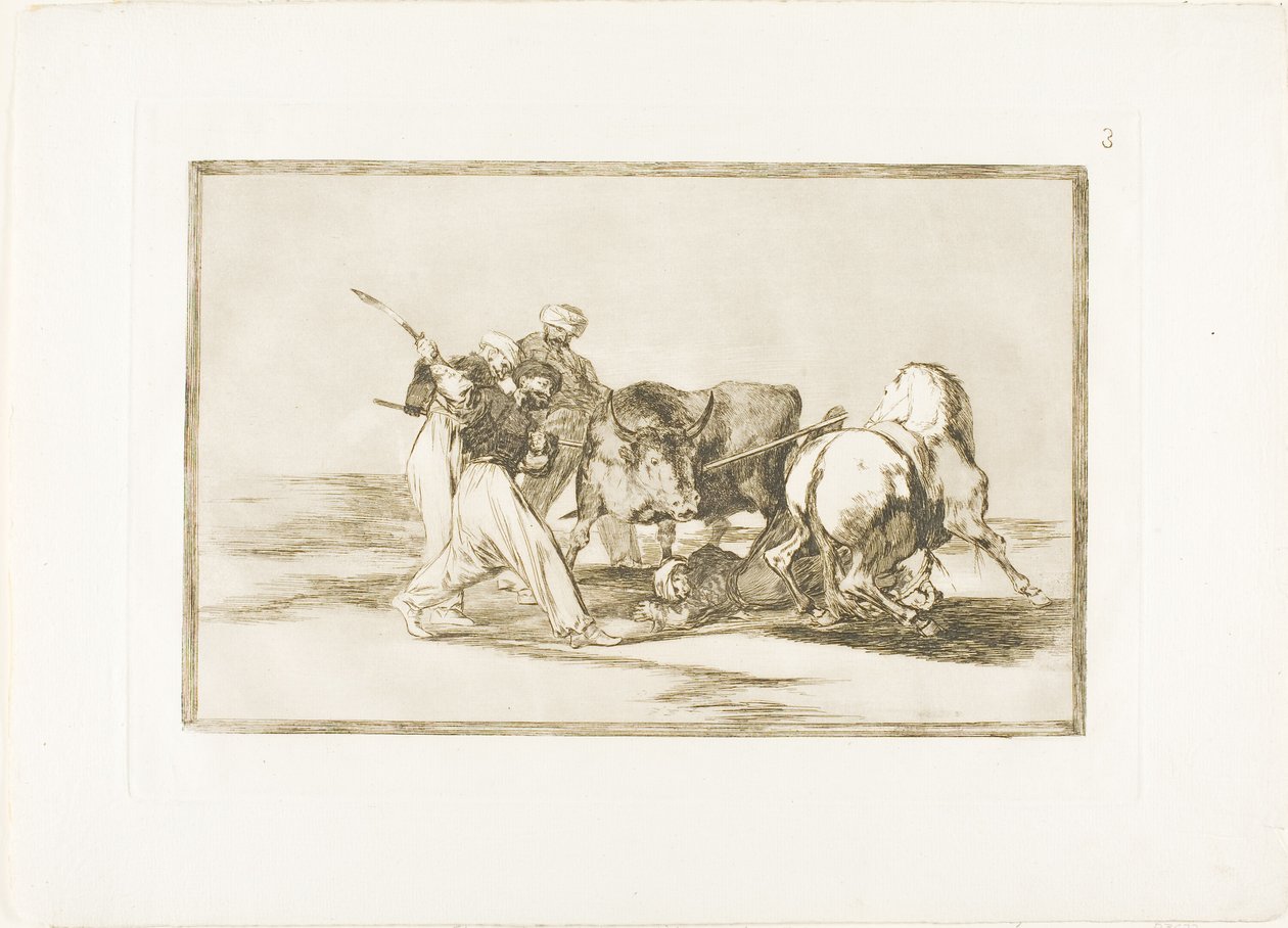 Morerna hade slagit sig ner i Spanien, gett upp koranens vidskepelse, anammat denna jaktkonst och spjut en tjur i det fria, tallrik tre från The Art of Bullfighting av Francisco Jose de Goya y Lucientes