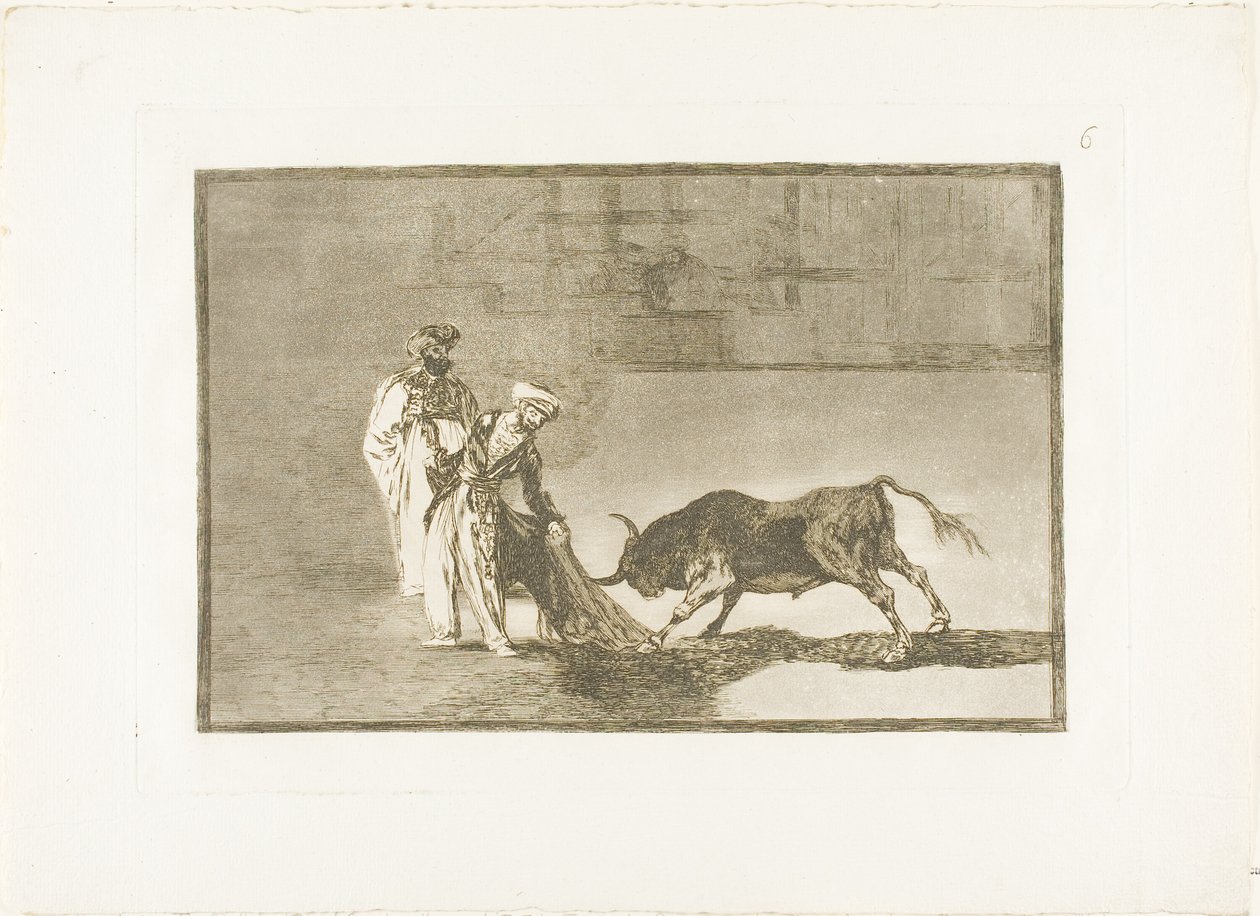 Morerna gör en annorlunda lek i ringen och kallar tjuren med sin brinnande tallrik sex från The Art of Bullfighting av Francisco Jose de Goya y Lucientes