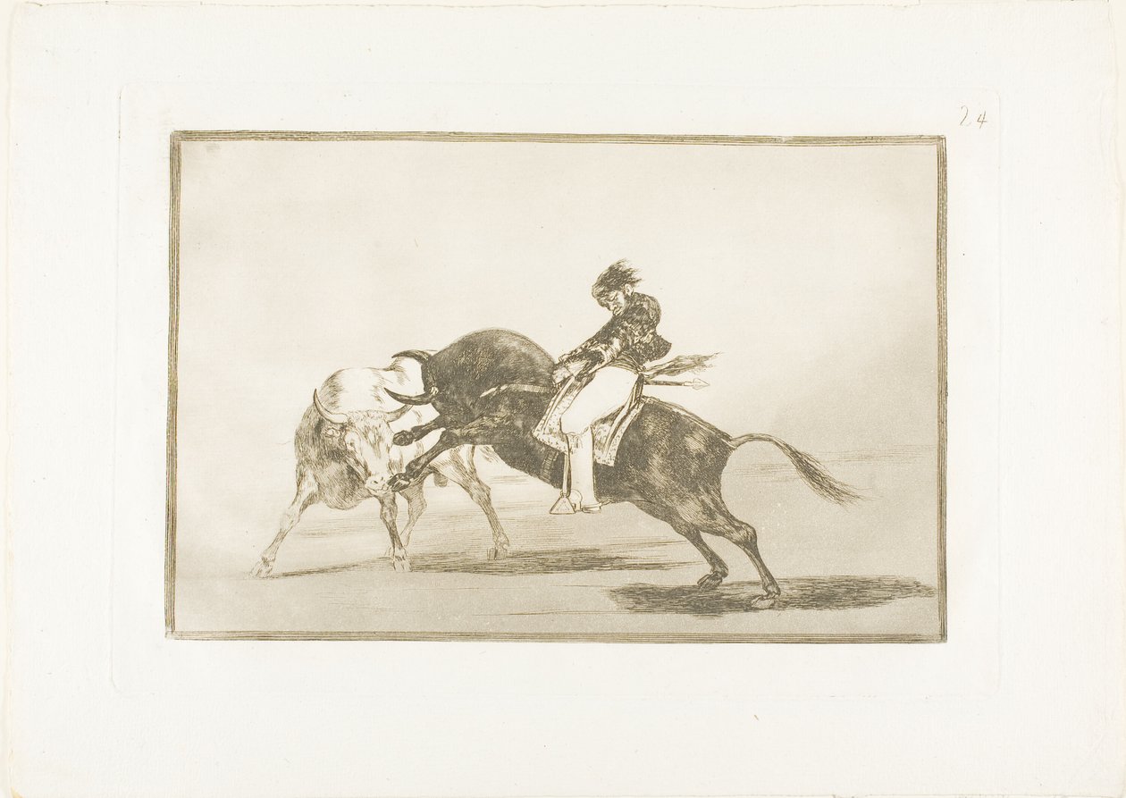 The Same Ceballos, monterad på en annan tjur, bryter korta spjut i ringen i Madrid, skylt 24 från The Art of Bullfighting av Francisco Jose de Goya y Lucientes