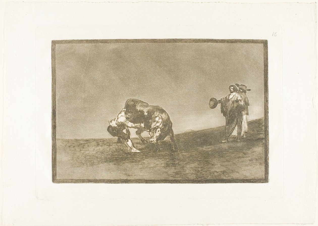 Samme man kastar en tjur i ringen i Madrid, skylt 16 från The Art of Bullfighting av Francisco Jose de Goya y Lucientes