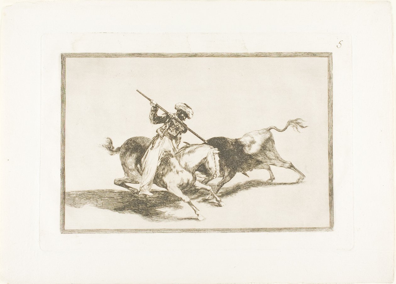 The Spirited Moor Gazul är först med att spjuta tjurar enligt regler, platta fem från The Art of Bullfighting av Francisco Jose de Goya y Lucientes