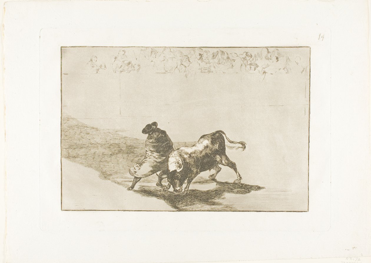 Den mycket skickliga eleven av falkar, insvept i sin udde, lurar tjuren med sin kropps lek, skylt 14 från The Art of Bullfighting av Francisco Jose de Goya y Lucientes