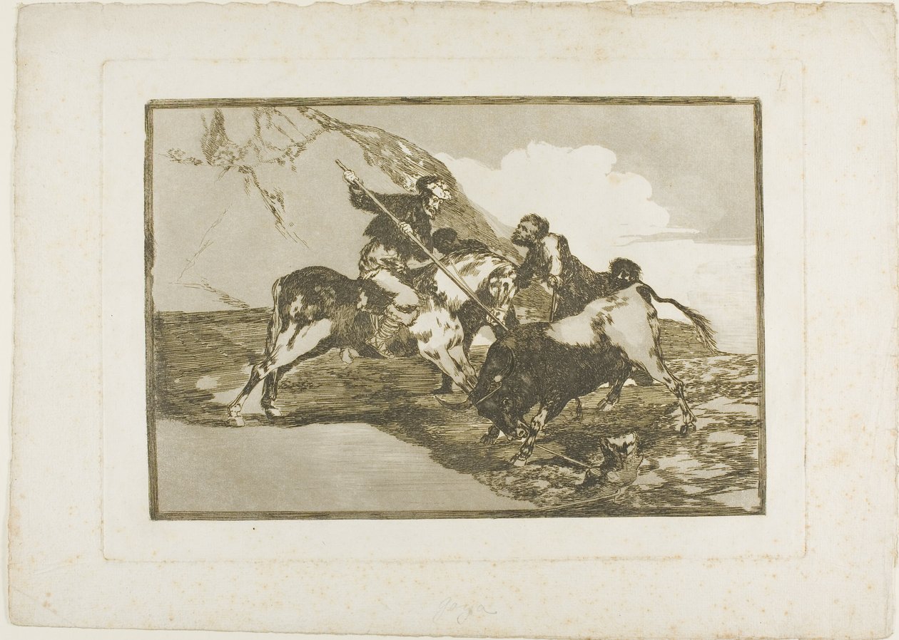 Sättet på vilket de forntida spanjorerna jagade tjurar till häst i det öppna landet, tavla ett från The Art of Bullfighting av Francisco Jose de Goya y Lucientes