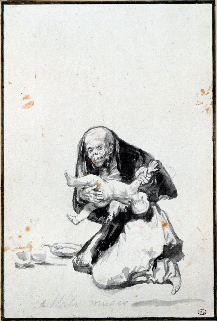 Den dåliga kvinnan (Mala mujer). Den onda kvinnan. Antropofagi scen, en häxa slukar ett barn. Grå tvätt av Francisco Goya y Lucientes (1746-1828) Sön. 0,21x0,14 m Paris, Louvren av Francisco de Goya