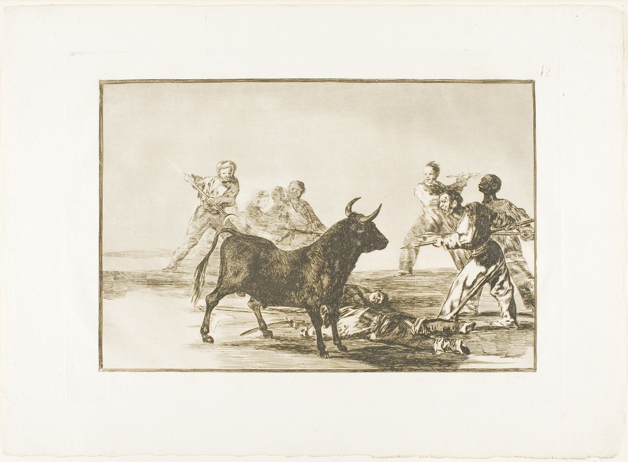 Rabeln hamstring tjuren med lansar, skäror, banderillas och andra armar, tallrik tolv från The Art of Bullfighting av Francisco Jose de Goya y Lucientes