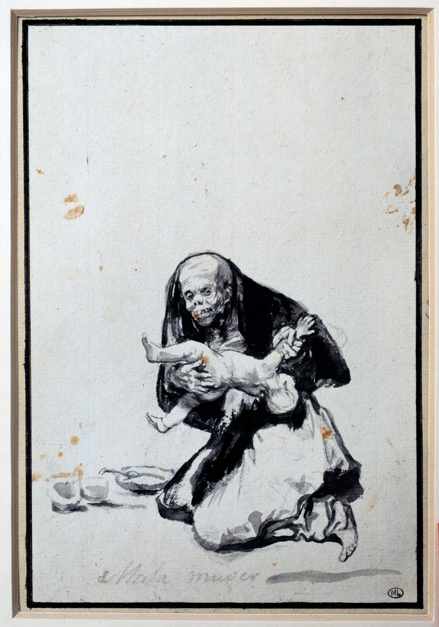 Fel kvinna Antropofagi Scen, en häxa har ett barn. Grå tvätt av Francisco Goya y Lucientes (1746-1828) Sön. 0,21x0,14 m Paris, Louvren av Francisco de Goya