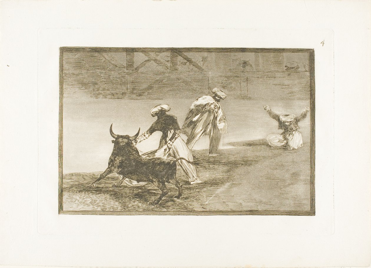 They Play Another with the Cape in an Enclosure, tallrik fyra från The Art of Bullfighting av Francisco Jose de Goya y Lucientes