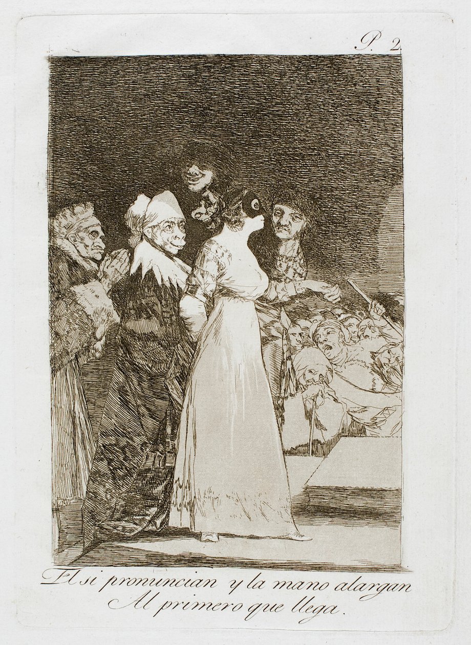 De säger "ja" och ger sin hand till den som kommer först, plansch två från Los Caprichos av Francisco Jose de Goya y Lucientes