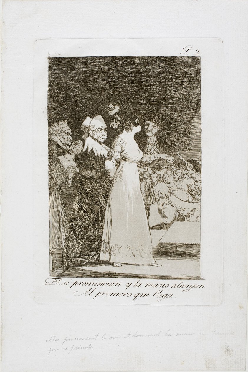 De säger "Ja" och ger sin hand till den som kom först, tallrik två från Los Caprichos, 1797-99 av Francisco de Goya