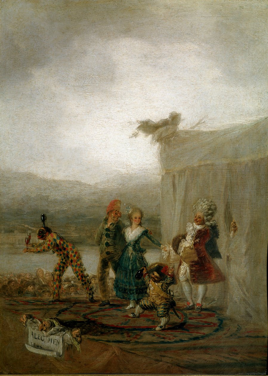Resande komiska skådespelare Karaktärer (inklusive en dvärg och en harlekin (Arlecchino, Harlequin), inspirerar Commedia dell