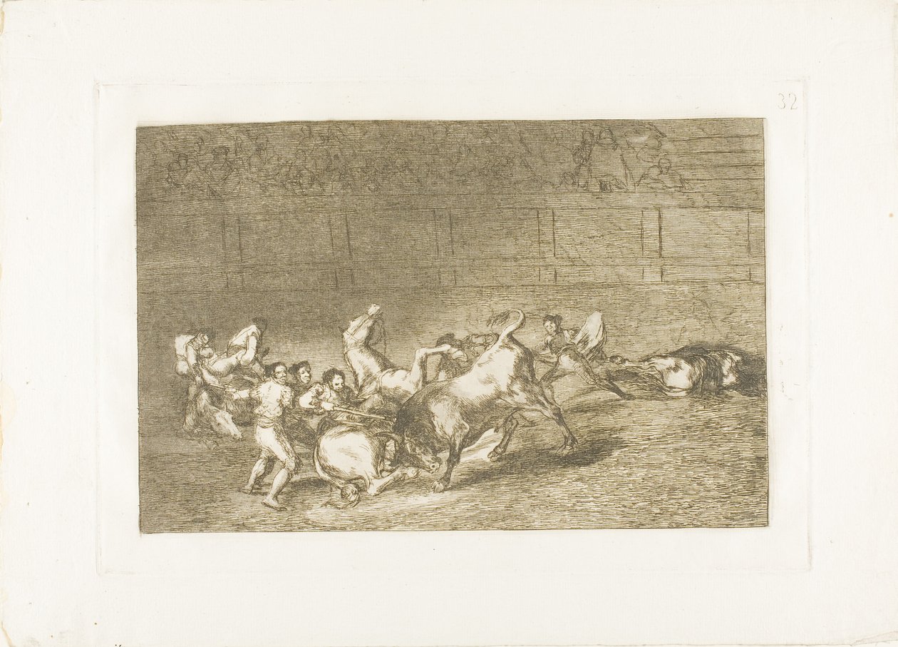 Två lag av picadorer kastade efter varandra av en enda tjur, skylt 32 från The Art of Bullfighting av Francisco Jose de Goya y Lucientes