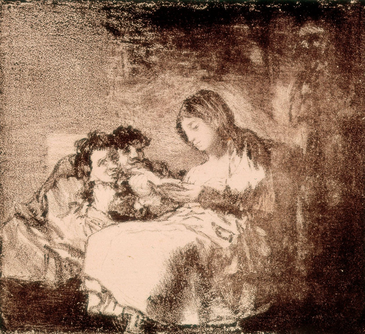 ""En kvinna läser en berättelse för två barn"" Litografi av Francisco de Goya y Lucientes (1746-1828). 1819-1822. Madrid. Nationalbiblioteket av Francisco Jose de Goya y Lucientes