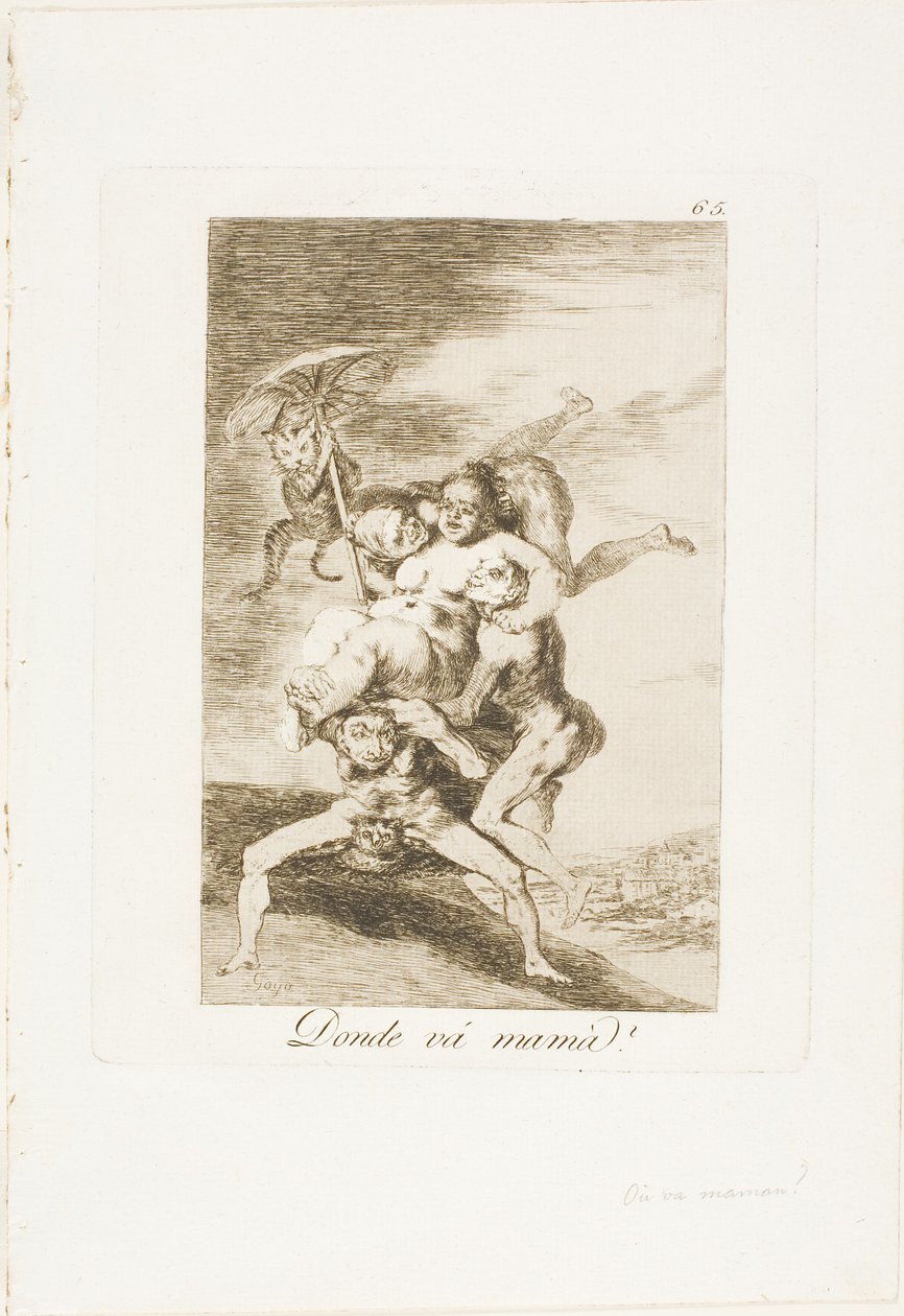 Vart är mamma på väg?, skylt 65 från Los Caprichos av Francisco Jose de Goya y Lucientes