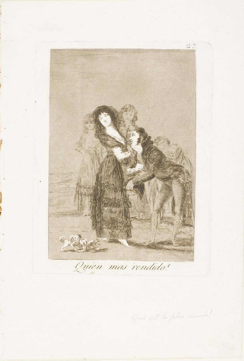 Vem av dem är mer övervunnen?, skylt 27 från Los Caprichos av Francisco Jose de Goya y Lucientes