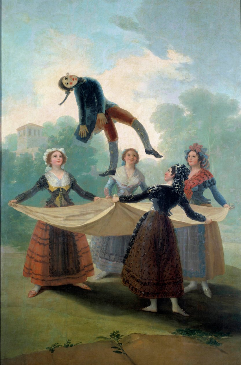 Unga kvinnor docka kastar i luften med en trasa en trasdocka. Målning av Francisco de Goya (1746-1828) 1792, sön. 1,6x2,67 m Madrid, Musee du Prado - Puppet. Unga flickor som kastar upp en trasdocka med ett lakan. Målning av Francisco de Goya (1746-1828 av Francisco de Goya