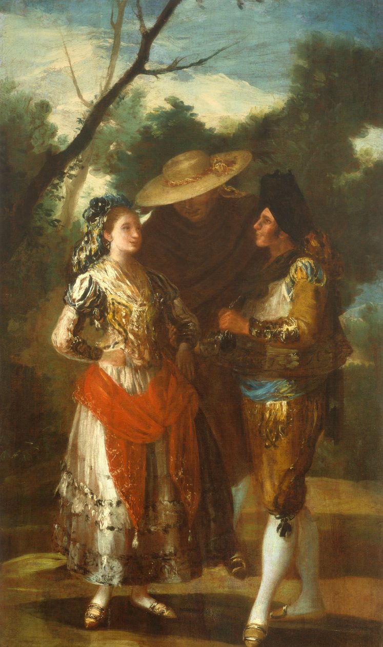 En Maja med två Toreros, 1779-1780 av Francisco Jose de follower of Goya y Lucientes