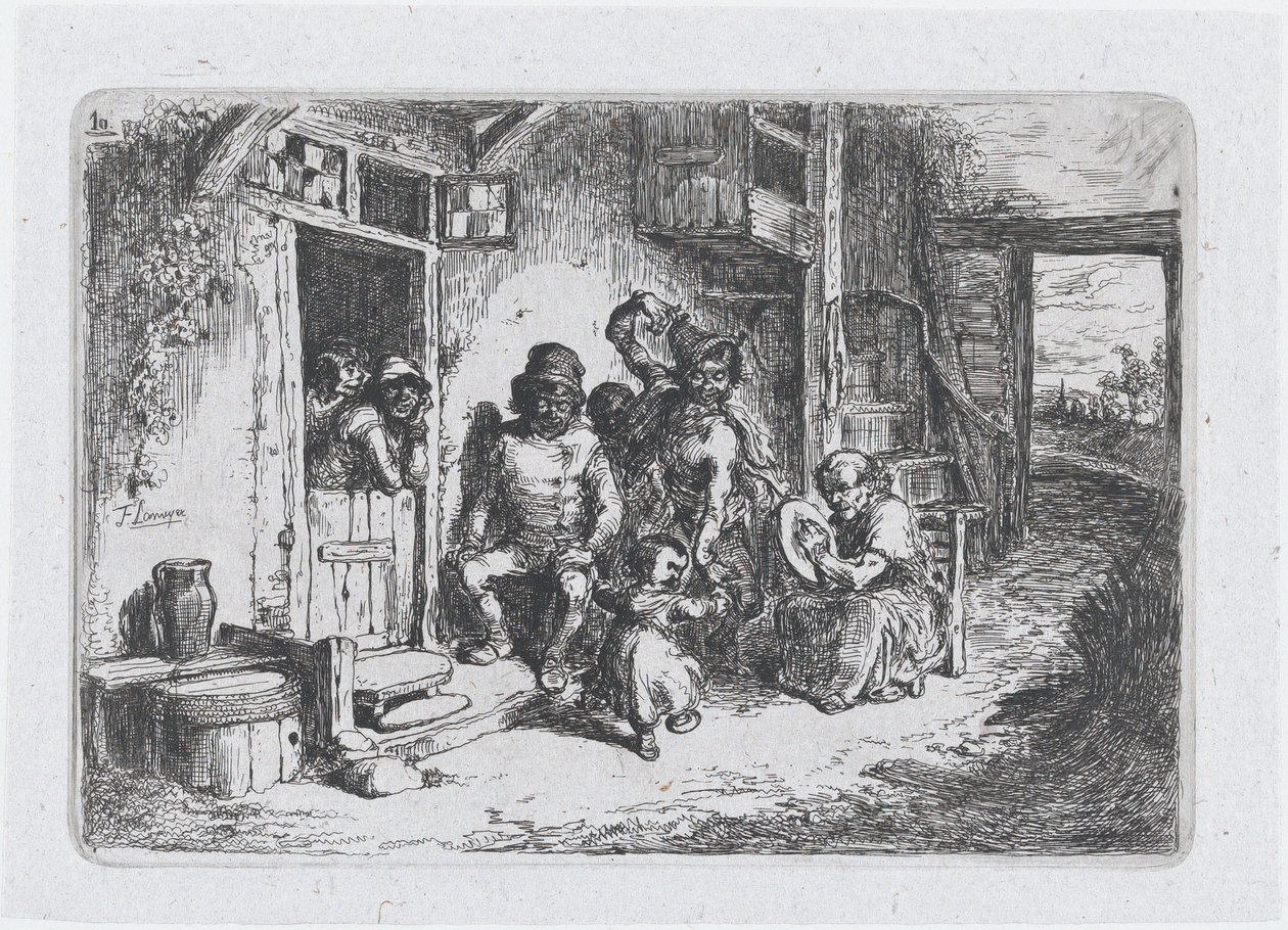 Plåt 10: två figurer som dansar, en annan sittande och spelar trumma, från serien av tullar ..., 1850. av Francisco Lameyer Berenguer