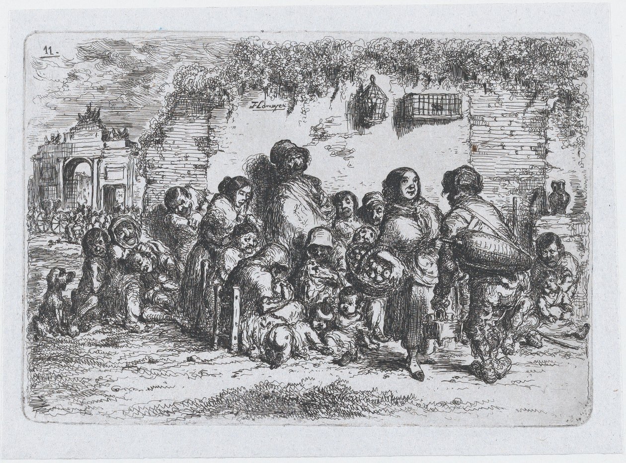 Tavla 11: en grupp människor utomhus, från serien av seder och fritidssysselsättningar från Spani..., 1850. av Francisco Lameyer Berenguer