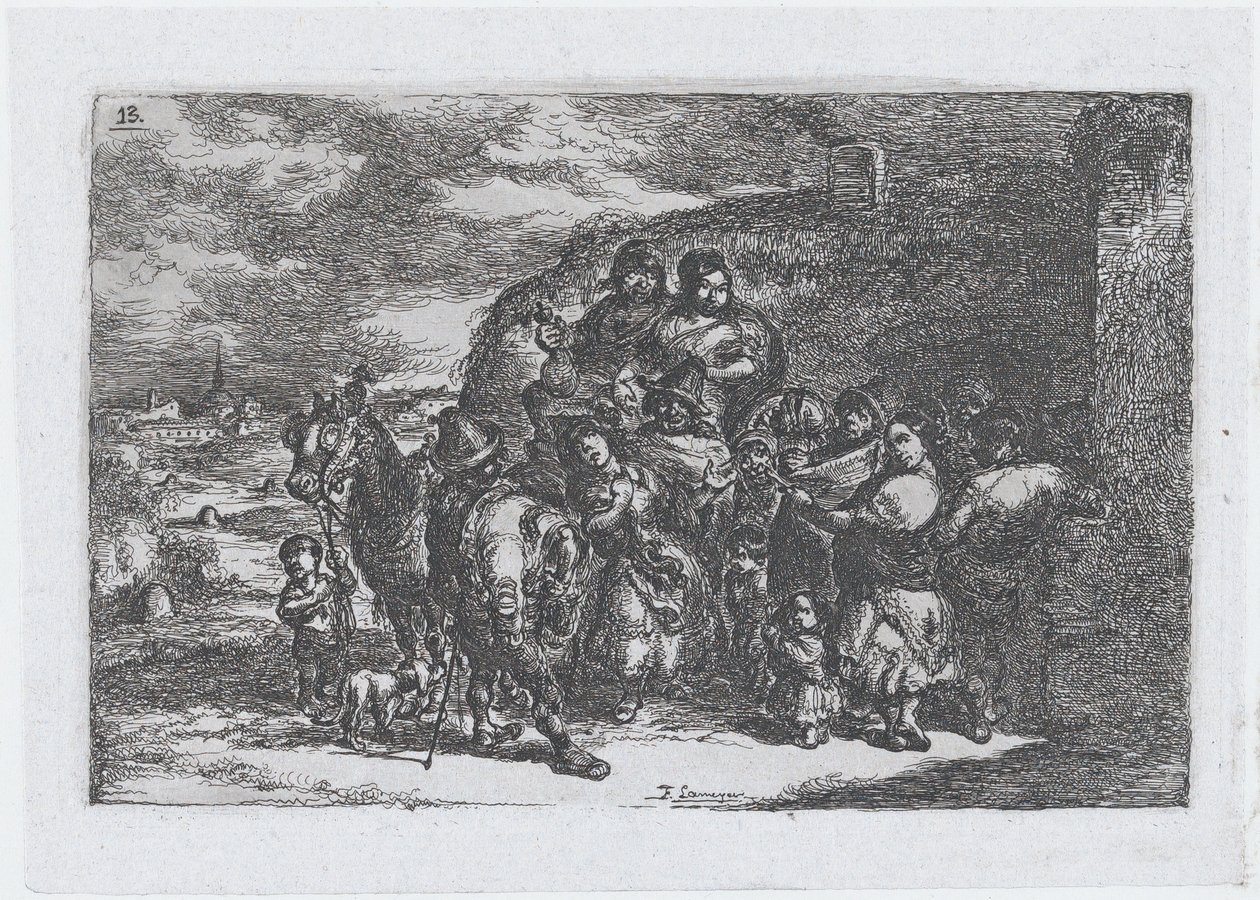 Platta 13: en grupp människor utomhus inklusive möjligen musiker, från serien av cus..., 1850. av Francisco Lameyer Berenguer