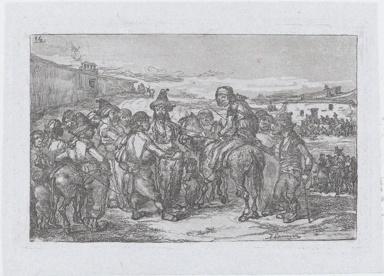Plåt 14: en stor grupp människor utomhus, möjligen en skådespelare, från serien o..., 1850. av Francisco Lameyer Berenguer