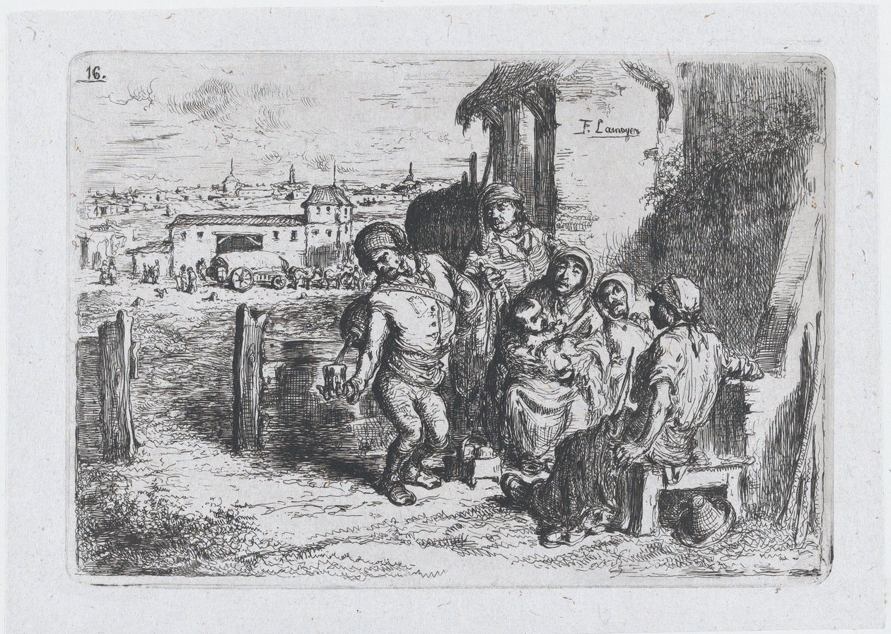 Skylt 16: en grupp människor utomhus, inklusive en man som häller upp vin eller vatten från ett kärl ..., 1850. av Francisco Lameyer Berenguer