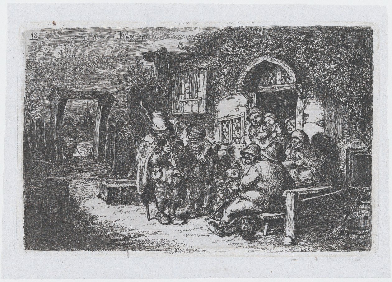 Tavla 18: gatumusikanter och andra figurer utanför en krog, från serien av tullar ..., 1850. av Francisco Lameyer Berenguer
