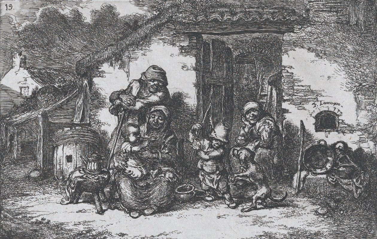 Platta 19: en familj och en pojke som leker med en hund utanför ett hus, från serien av custom..., 1850. av Francisco Lameyer Berenguer