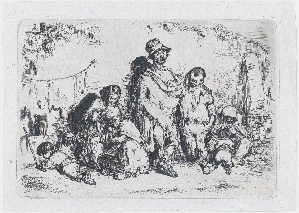 Skylt 2: en grupp människor på gatan, möjligen tiggare, från serien av tullar och..., 1850. av Francisco Lameyer Berenguer