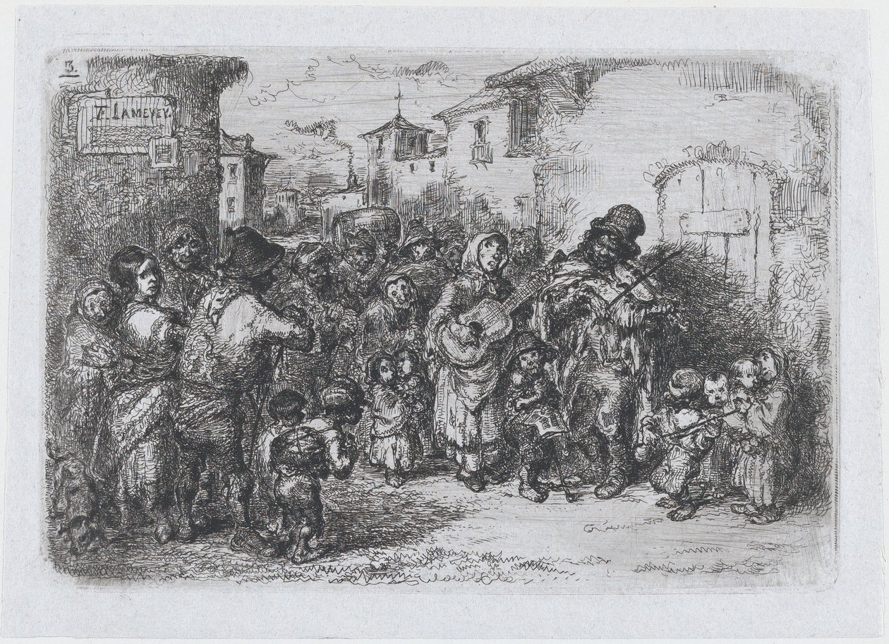 Platta 3: en grupp gatumusikanter, från serien av seder och fritidssysselsättningar från den spanska ..., 1850. av Francisco Lameyer Berenguer