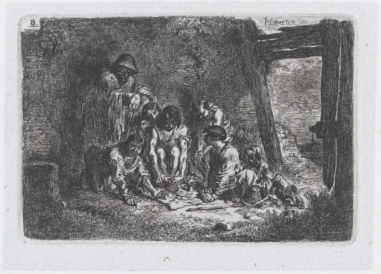 Tavla 8: en grupp figurer av vilka några spelar ett spel, från serien av tullar och..., 1850. av Francisco Lameyer Berenguer