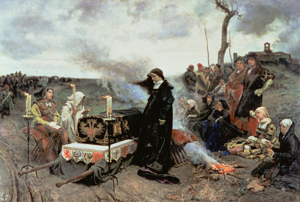 Joanna den galna (1479-1555) som följer med Filip den vackres (1478-1506) kista till Cartuja de Miraflores i Granada, 1877. av Francisco Pradilla y Ortiz